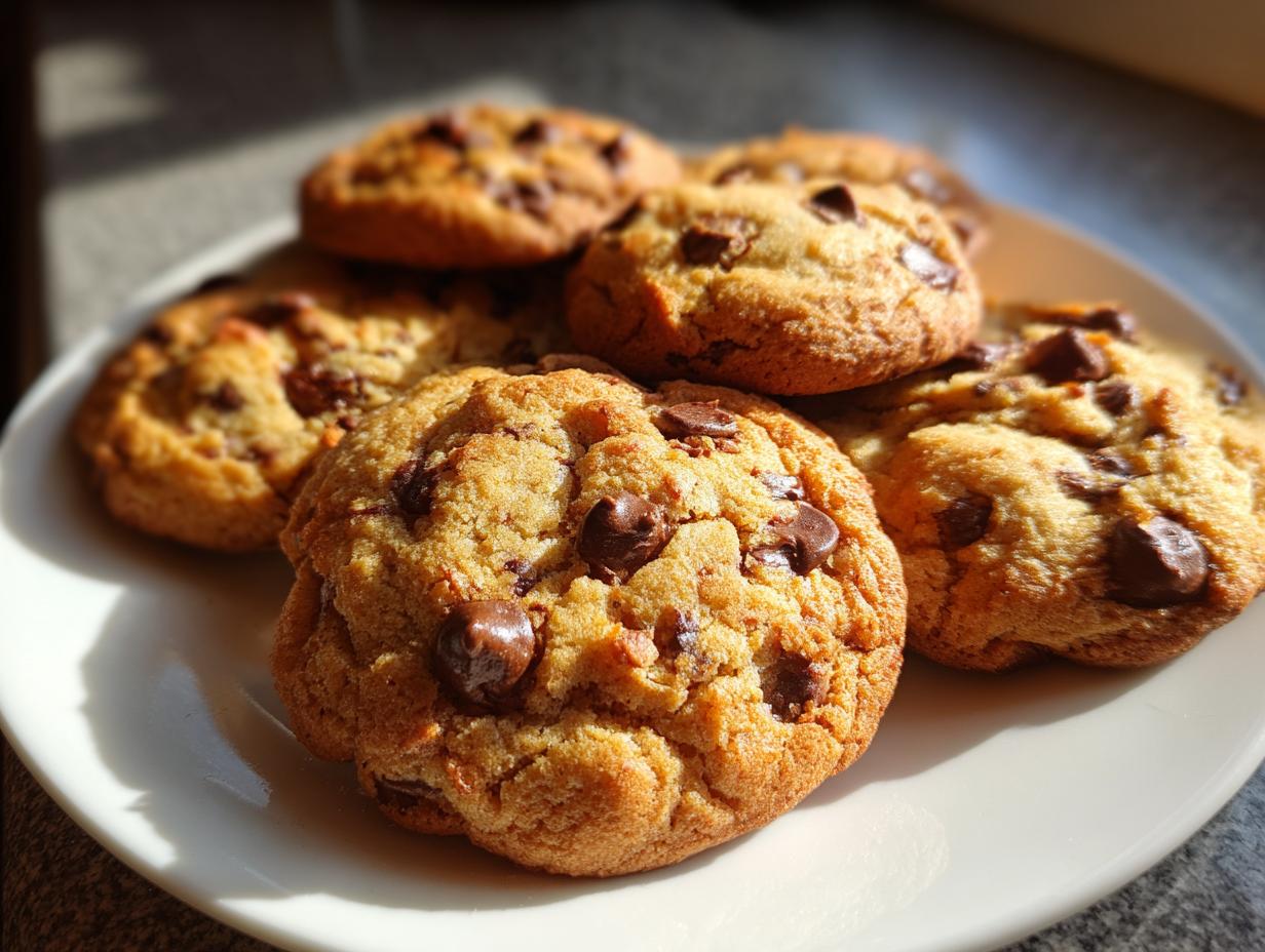 Close-up of a plate piled high with freshly baked chocolate chip cookies, showcasing gooey chocolate chips.