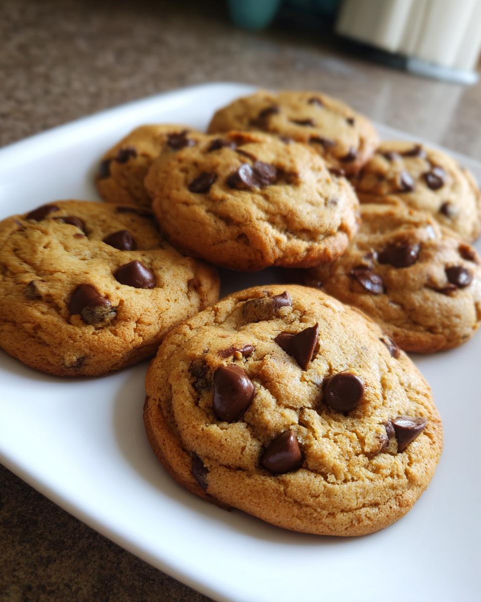 A close-up of several freshly baked chocolate chip cookies piled on a white plate, showcasing melted chocolate chips.