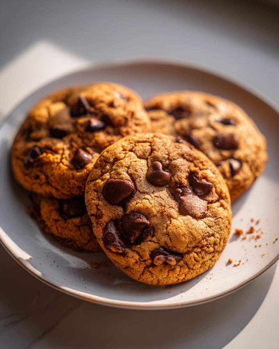 A close-up of four freshly baked chocolate chip cookies on a white plate, with melted chocolate chips visible.