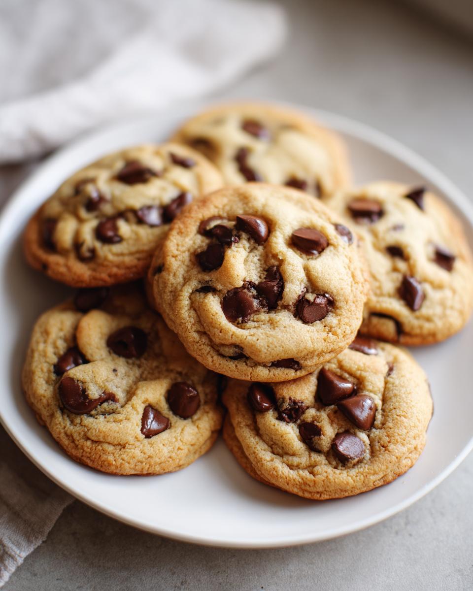 A stack of freshly baked chocolate chip cookies on a white plate, with rich chocolate chunks visible.
