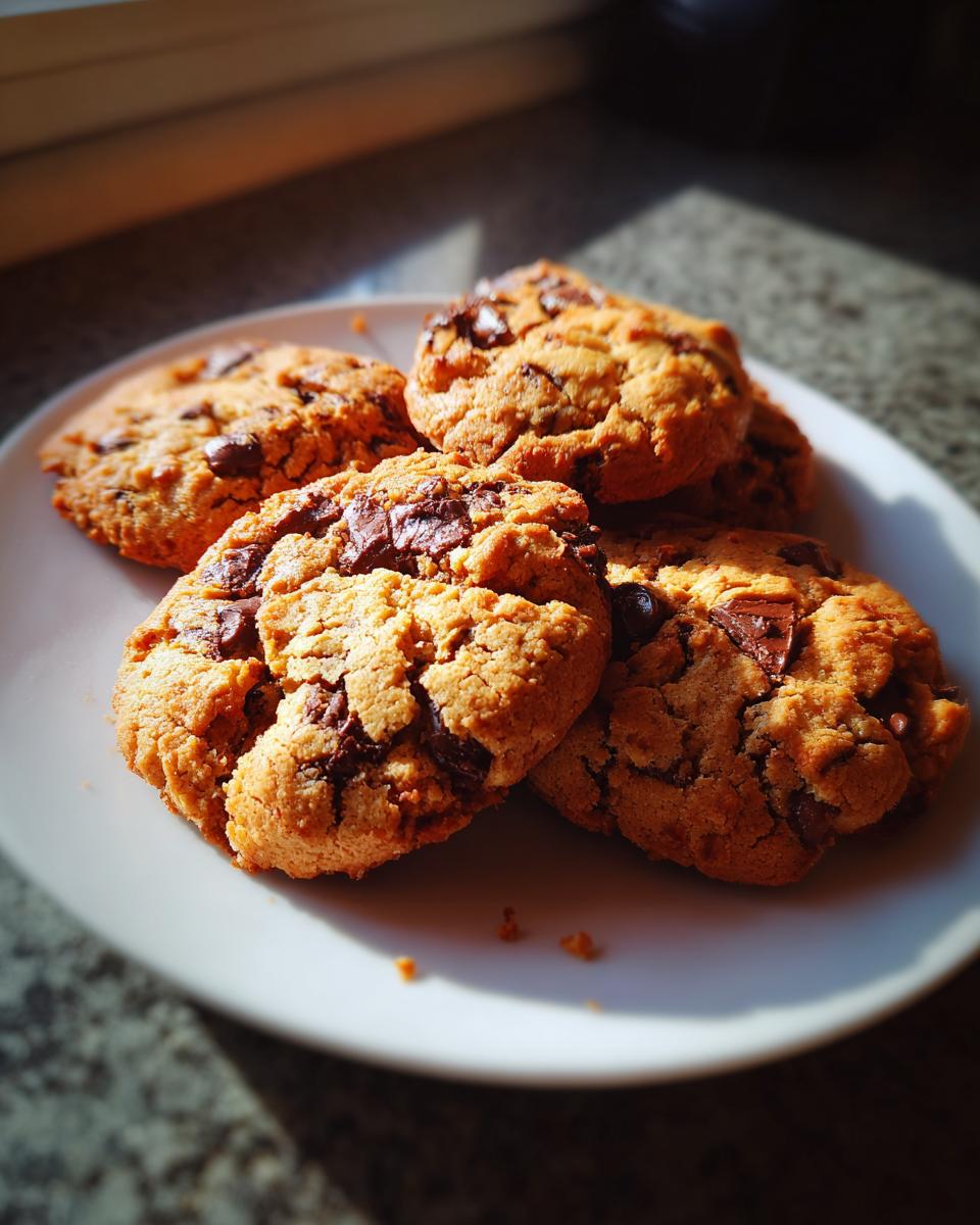 A stack of warm, freshly baked chocolate chip cookies on a white plate, with visible chocolate chunks.
