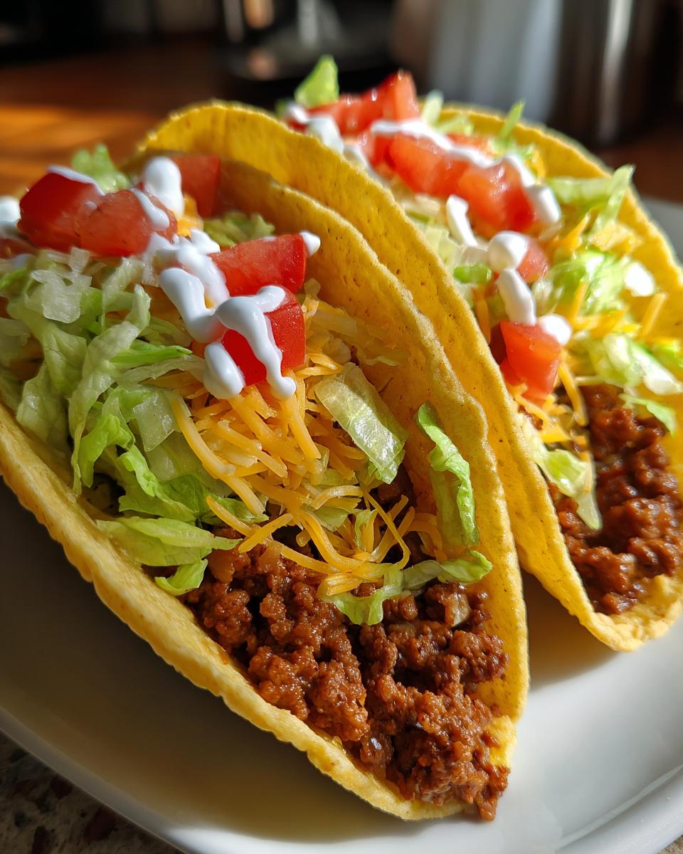 Two crispy beef tacos topped with shredded lettuce, cheddar cheese, diced tomatoes, and sour cream.
