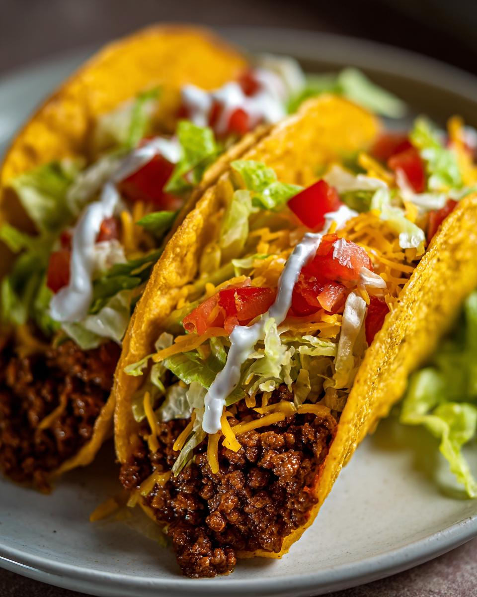 Three crispy beef tacos topped with shredded lettuce, diced tomatoes, cheese, and sour cream.