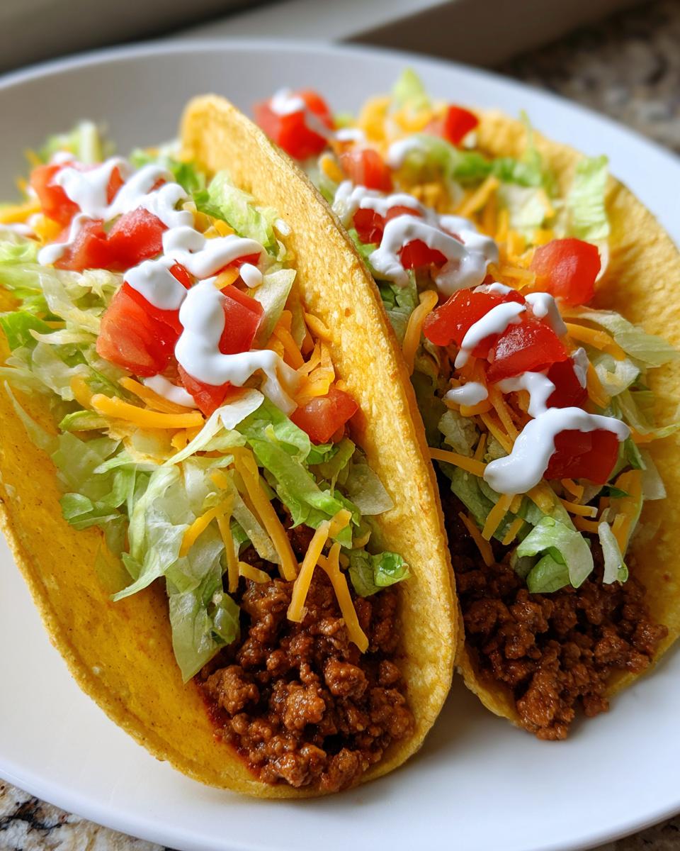 Two classic ground beef tacos topped with shredded lettuce, diced tomatoes, cheese, and sour cream.