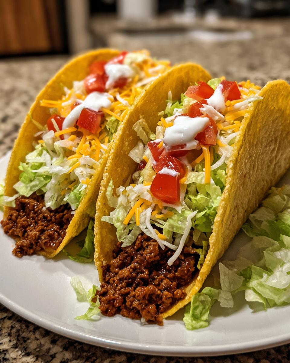 Two ground beef tacos with shredded lettuce, cheddar cheese, diced tomatoes, and sour cream
