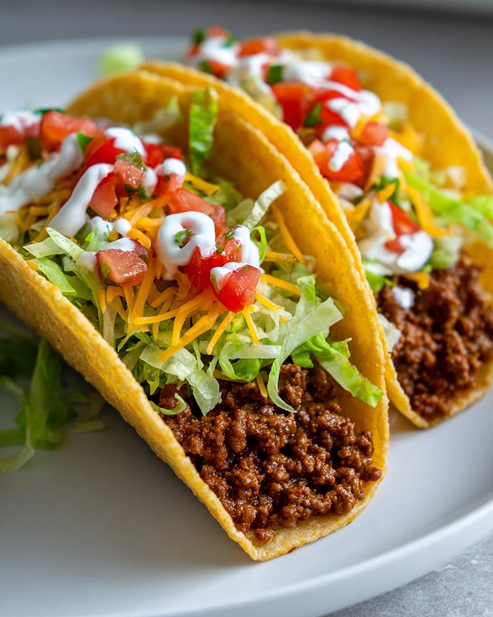 Two classic tacos with ground beef, shredded lettuce, diced tomatoes, shredded cheese, and sour cream