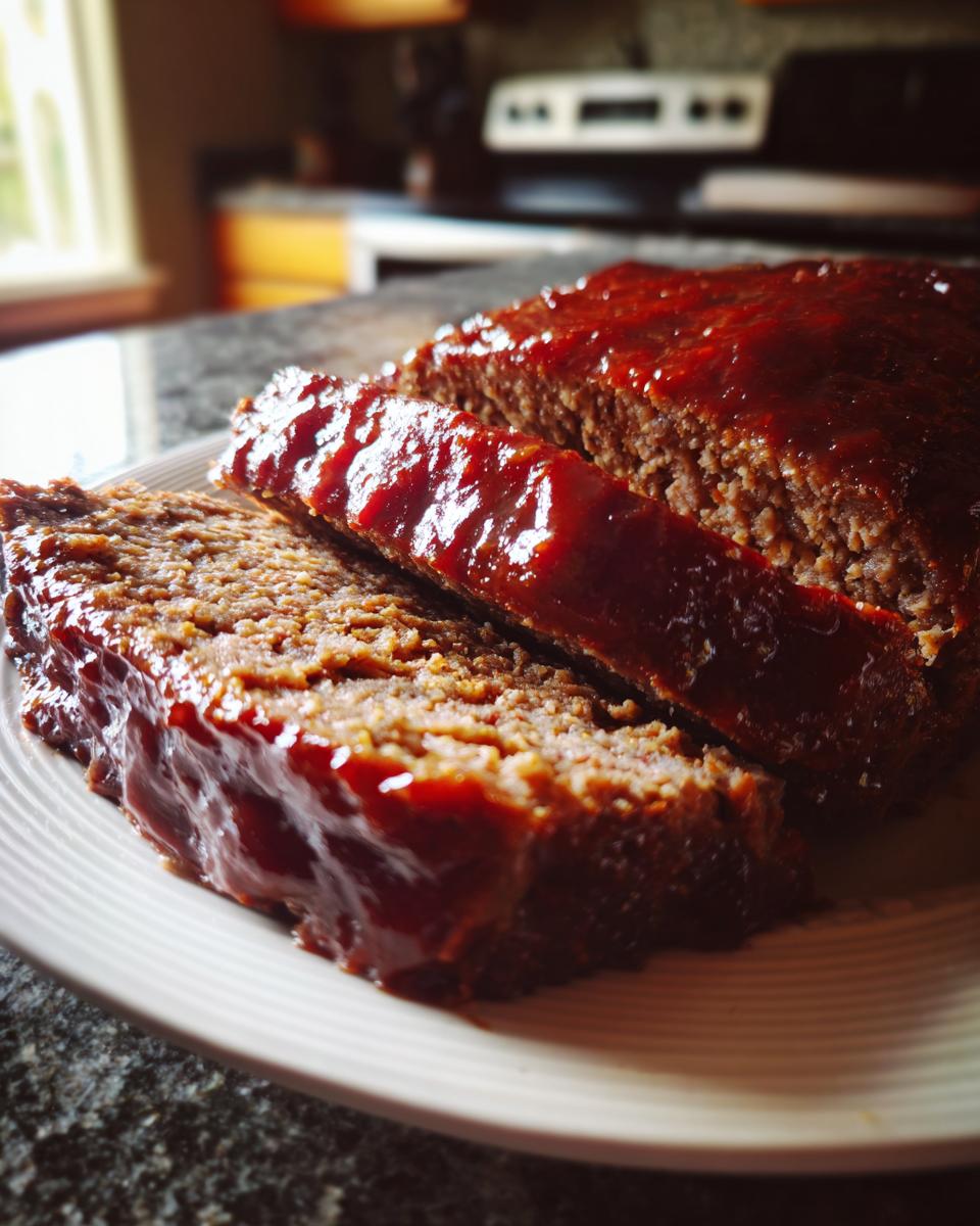 Slice of meatloaf recipe with rich glazed tomato sauce on a white plate