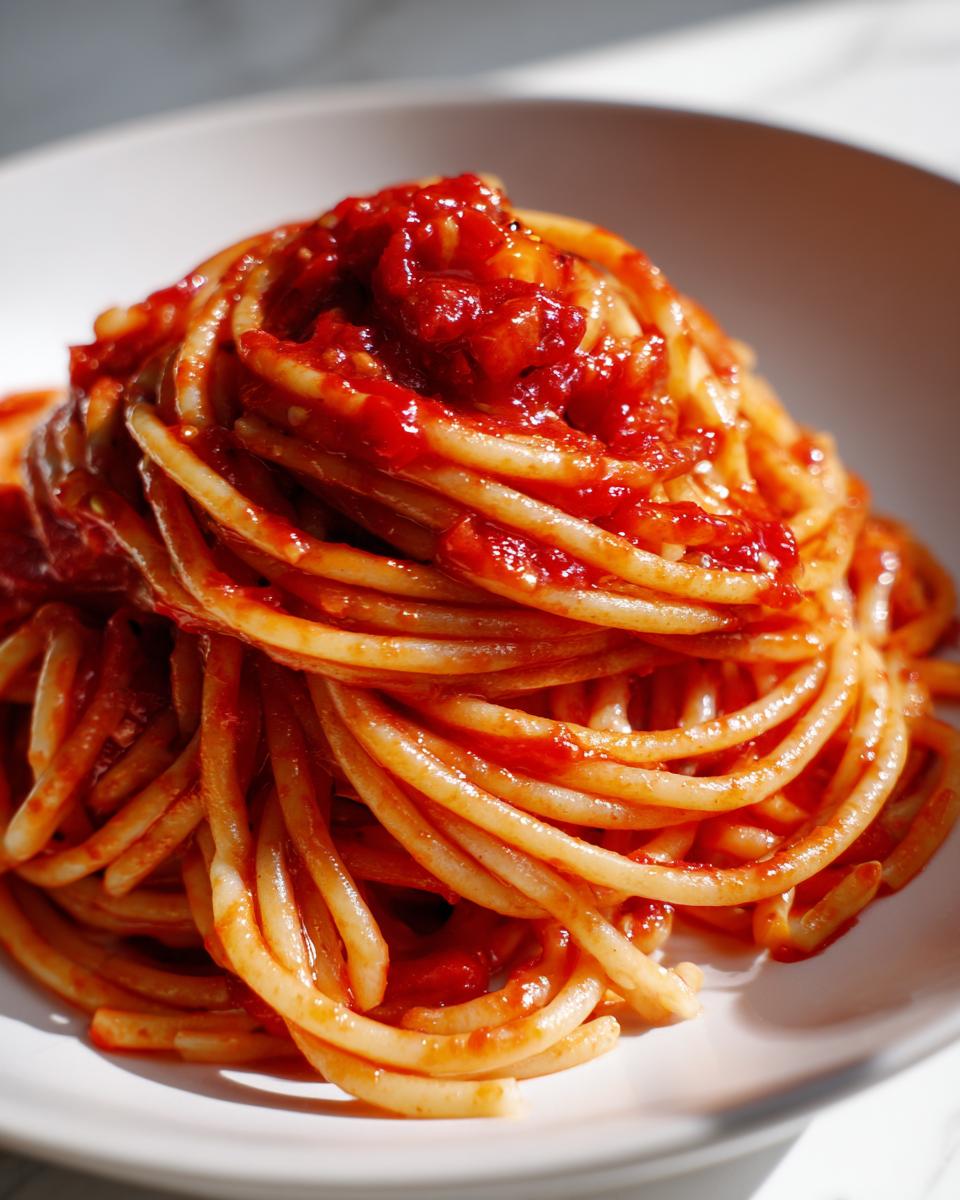 Plate of spaghetti coated in rich tomato sauce showing strands of pasta wrapped together