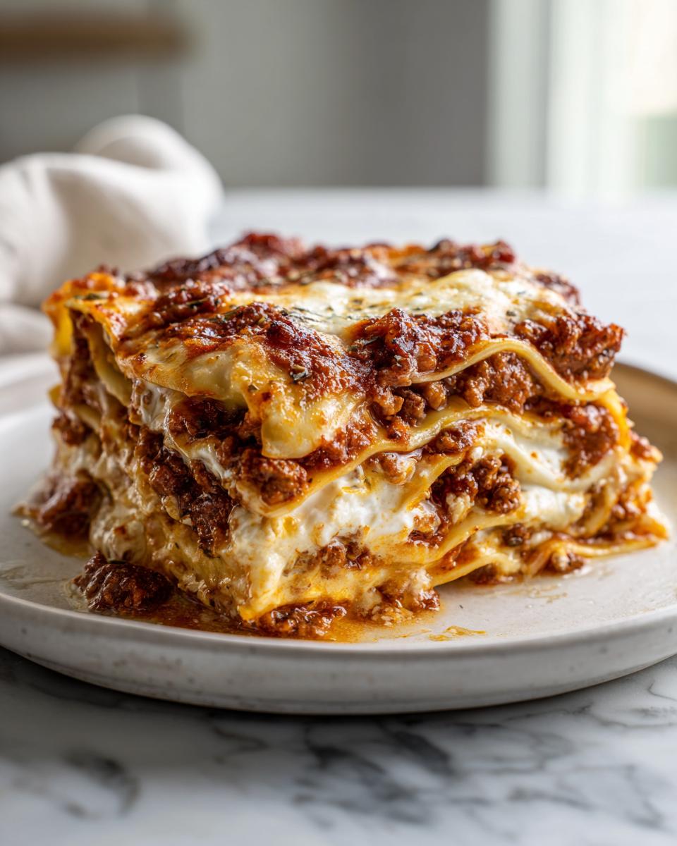 Close-up of a juicy three-layer lasagna slice with meat sauce and cheese.