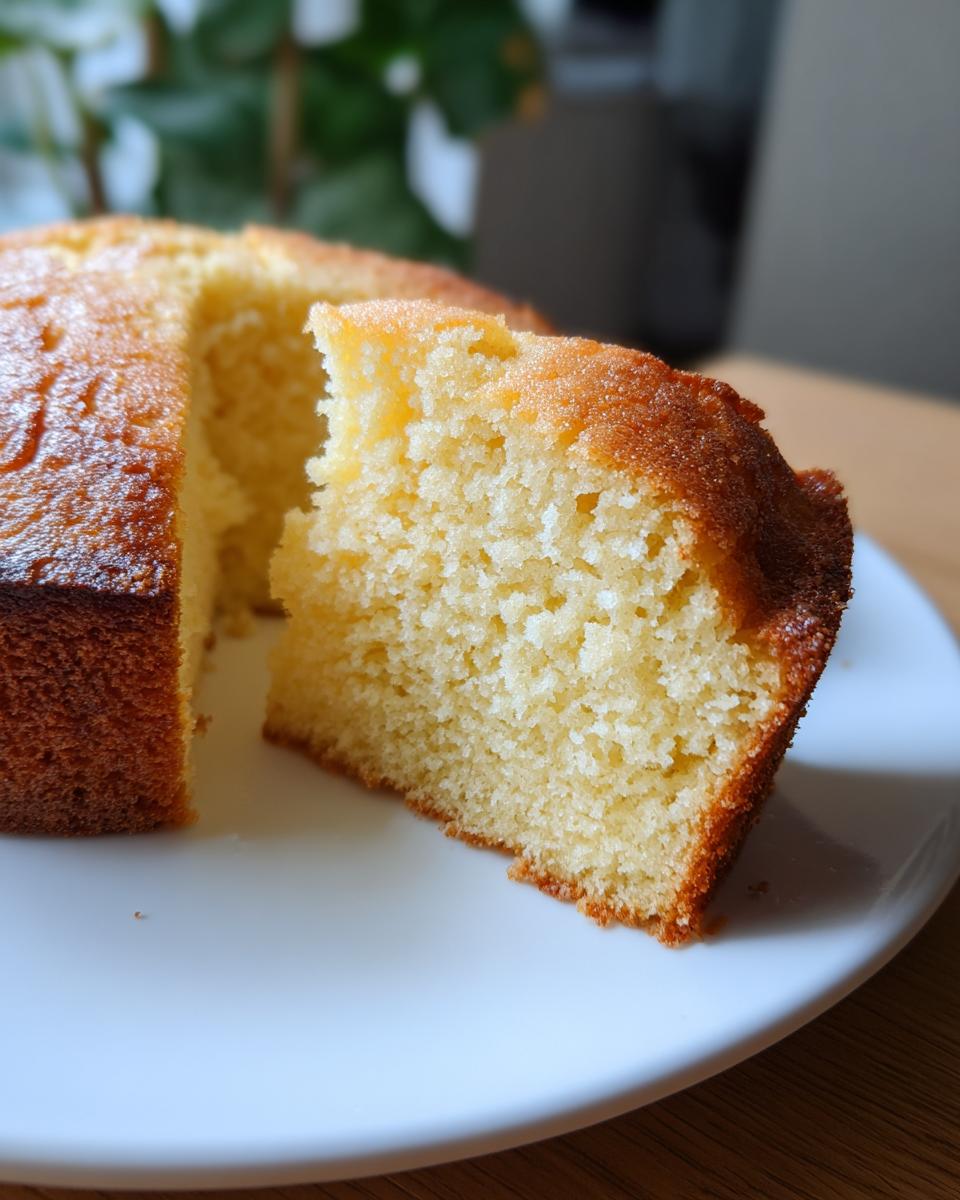 A slice of moist vanilla cake on a white plate showcasing fluffy texture and golden crust