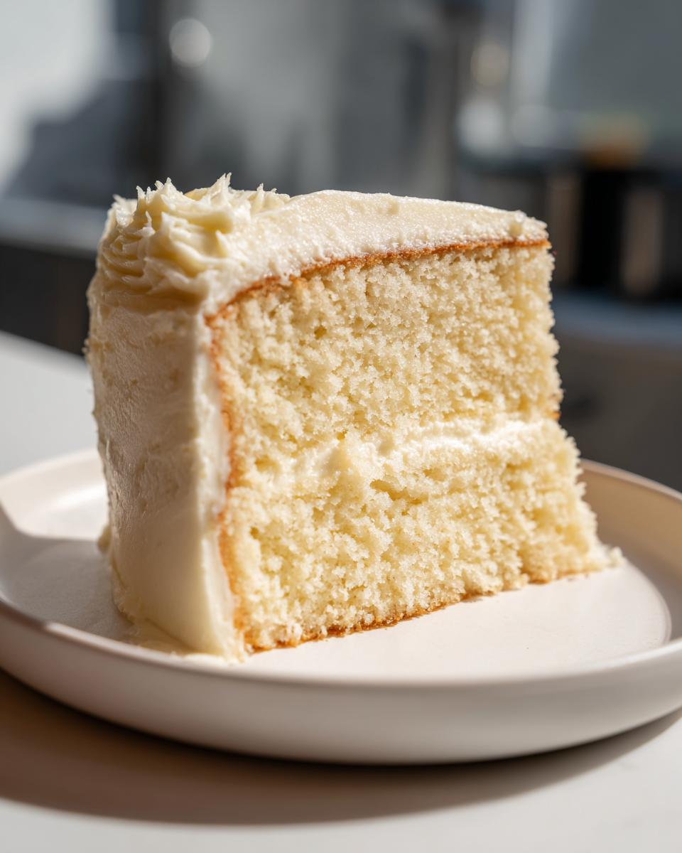 Close-up of a moist slice of vanilla cake with creamy white frosting on a plate.