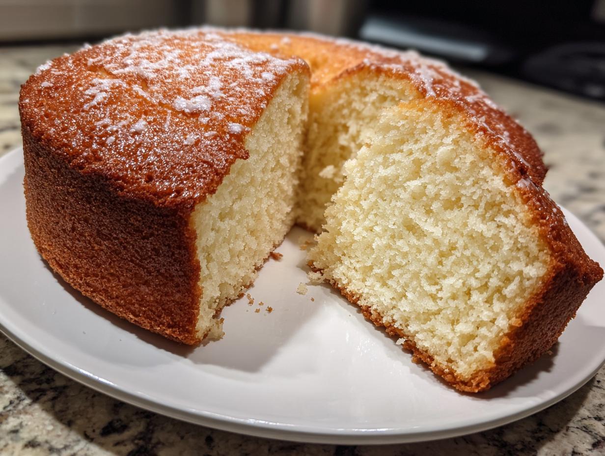 A sliced classic vanilla cake on a white plate with a golden brown crust and soft interior.