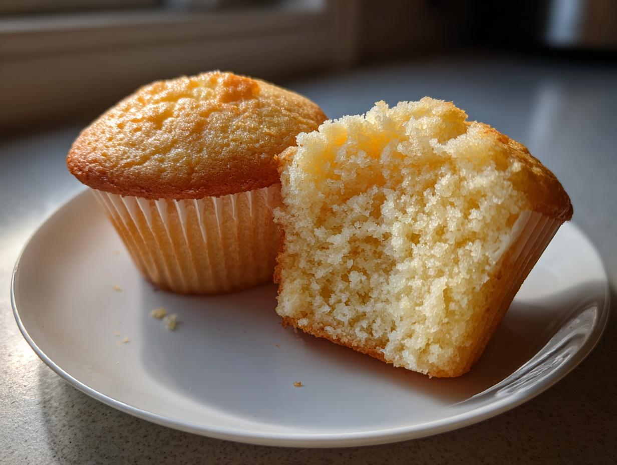 Two vanilla cupcakes on a white plate, one whole and one cut in half showing moist interior