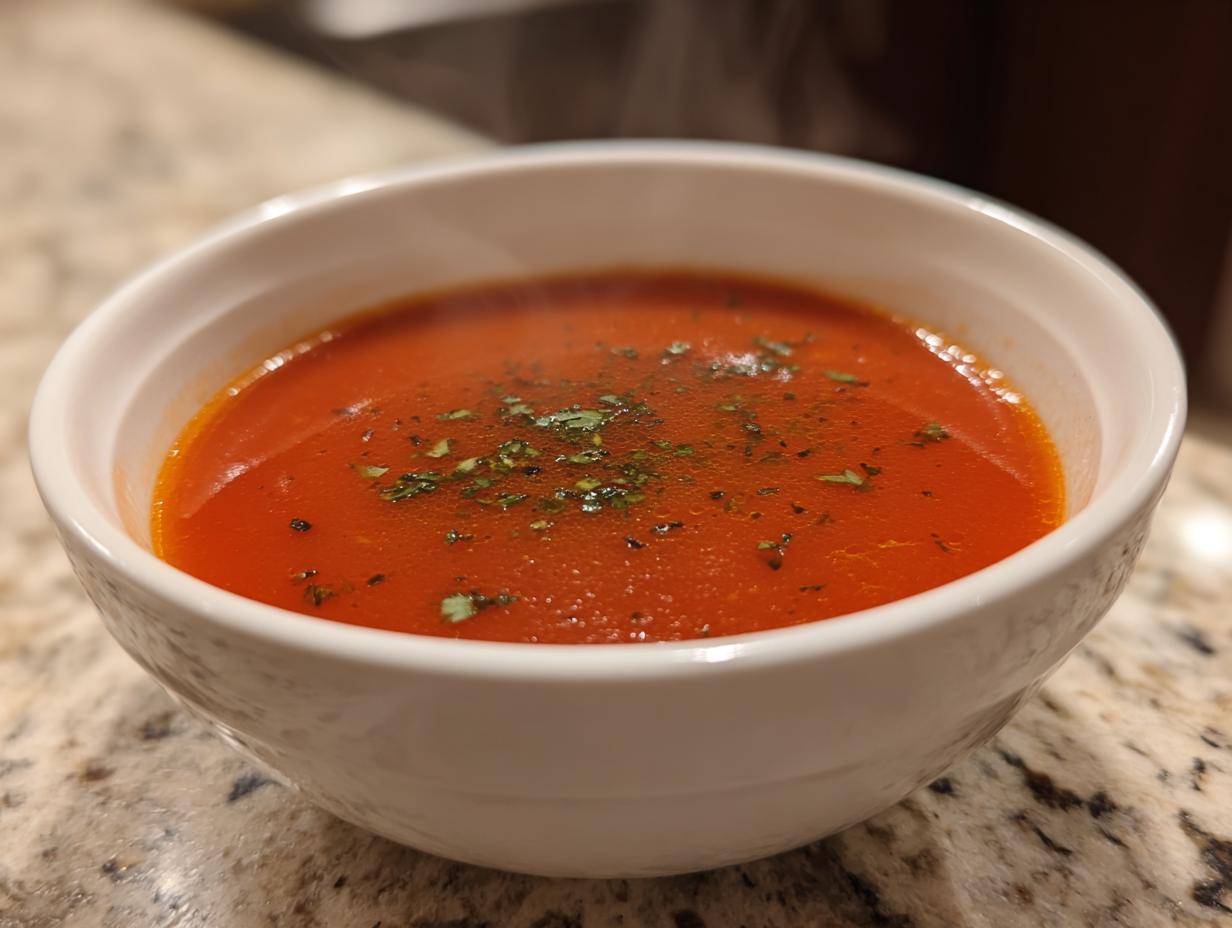 Bowl of steaming tomato soup garnished with herbs on a granite countertop, soup recipes