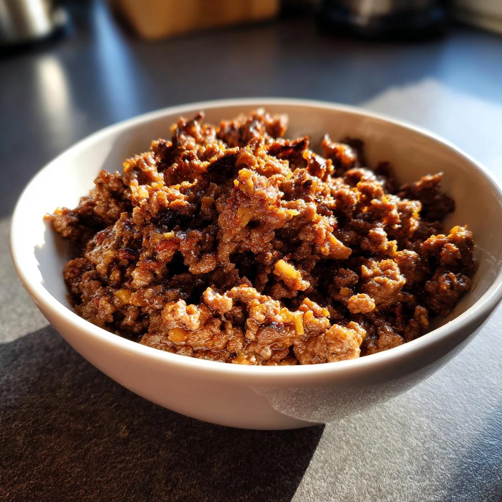 Close-up of cooked ground beef in a white bowl ready for ground beef recipes