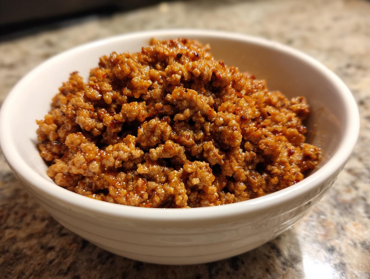 Close-up of cooked ground beef in a white bowl on a kitchen countertop for ground beef recipes