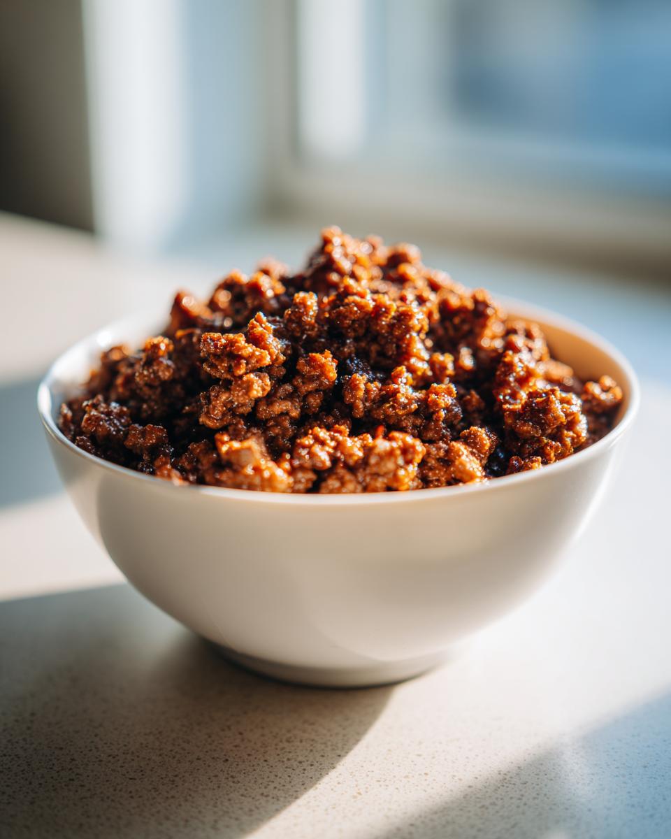 Close-up of cooked ground beef in a white bowl, perfect for ground beef recipes.