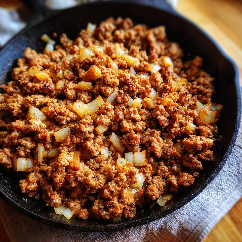 Cooked ground turkey with sautéed onions in a cast iron skillet, seasoned and browned.