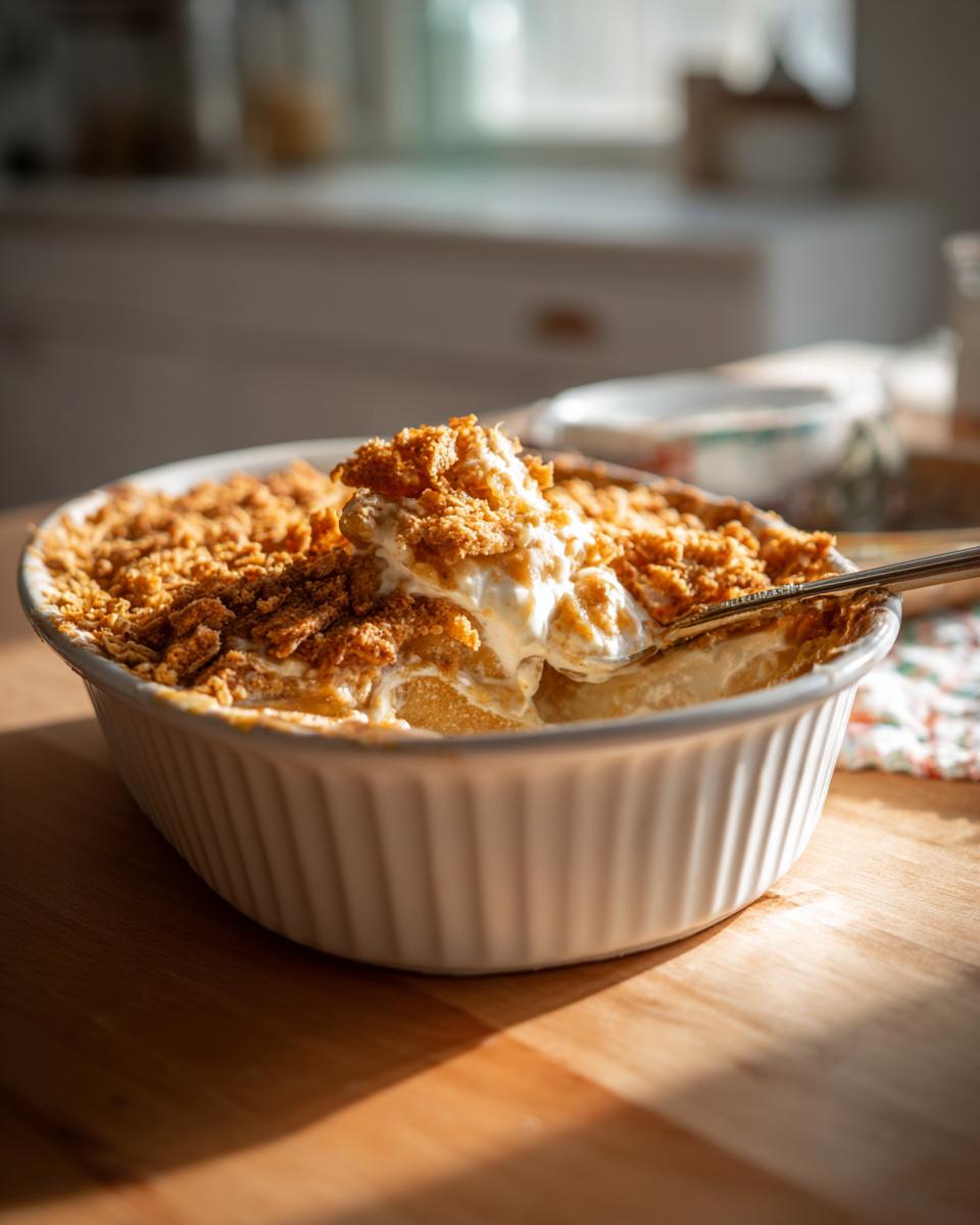 A spoonful of creamy chicken casserole with a golden, crispy topping being lifted from a white baking dish.