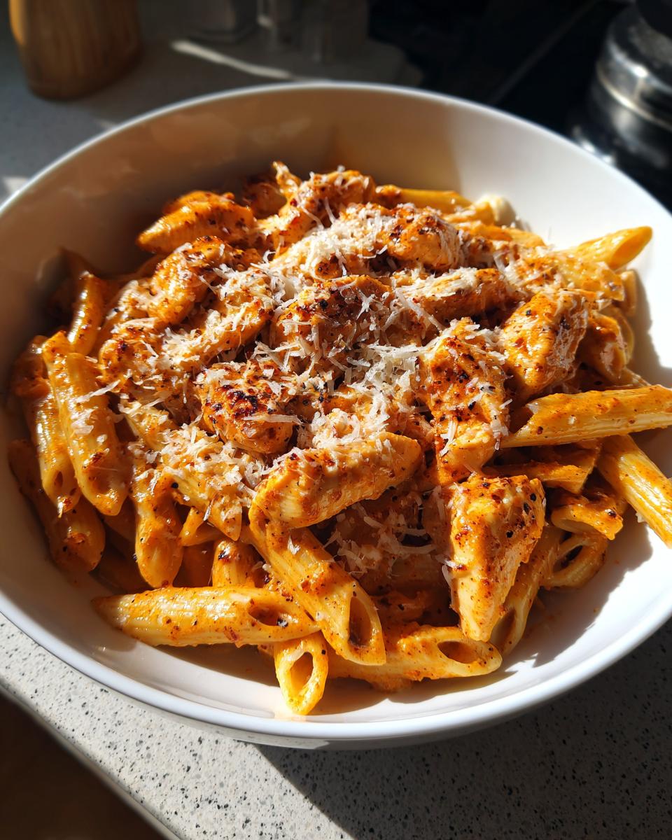 A bowl of creamy chicken pasta with penne noodles, topped with shredded cheese and spices.