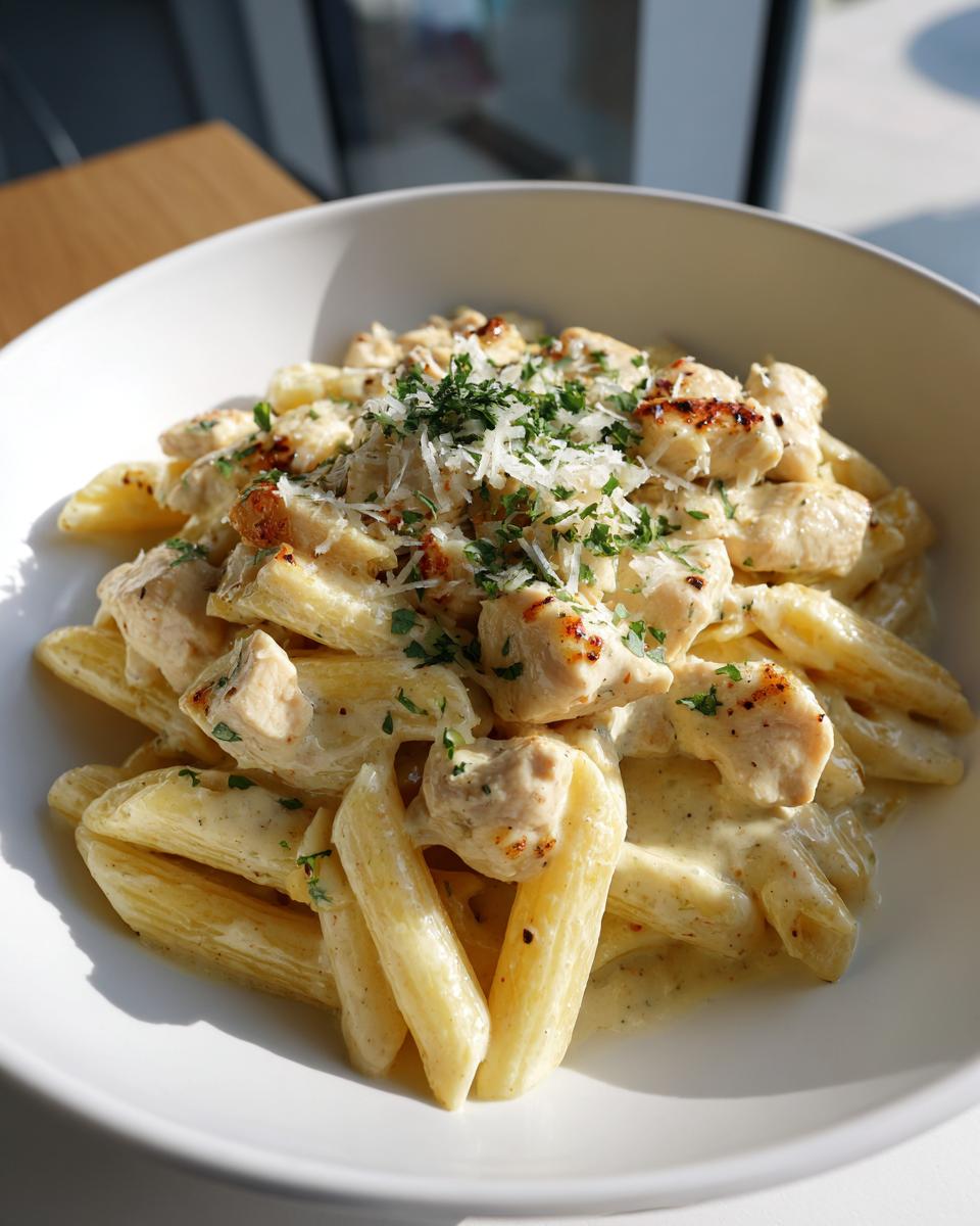 Plate of creamy chicken pasta recipes topped with grated Parmesan and chopped parsley.