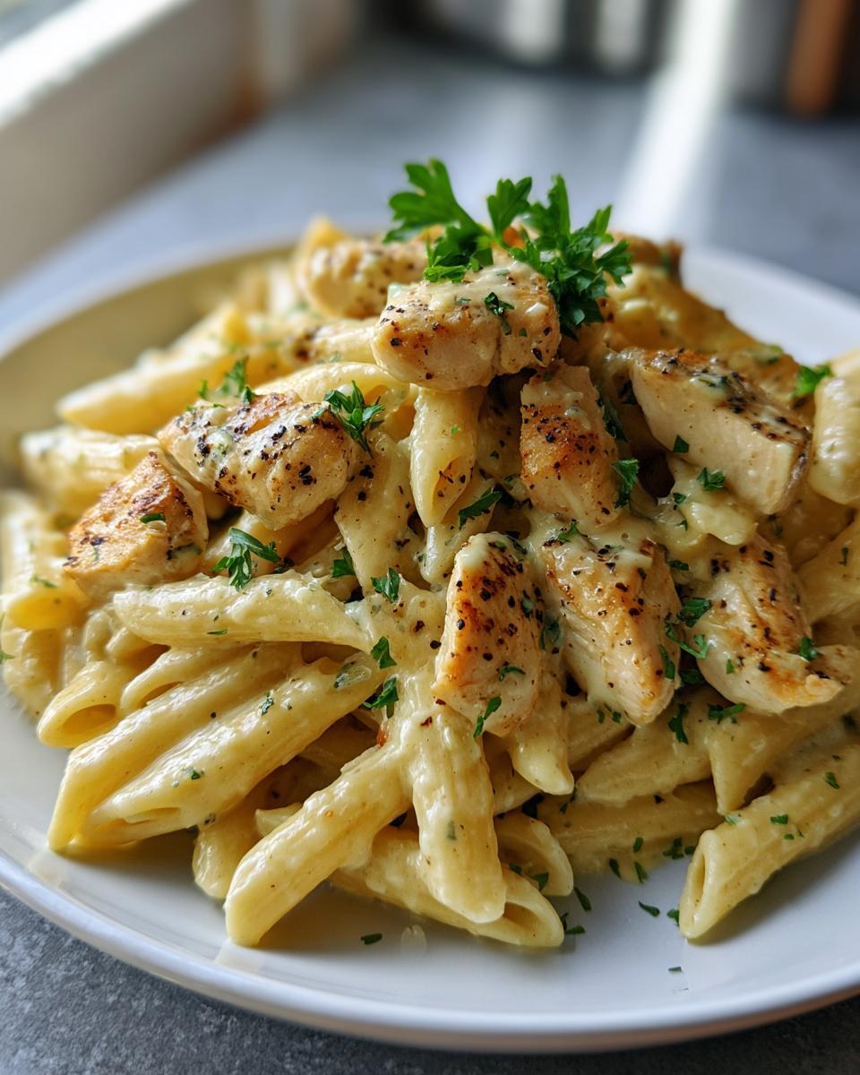 A close-up of creamy chicken pasta with penne noodles, grilled chicken pieces, and fresh parsley.