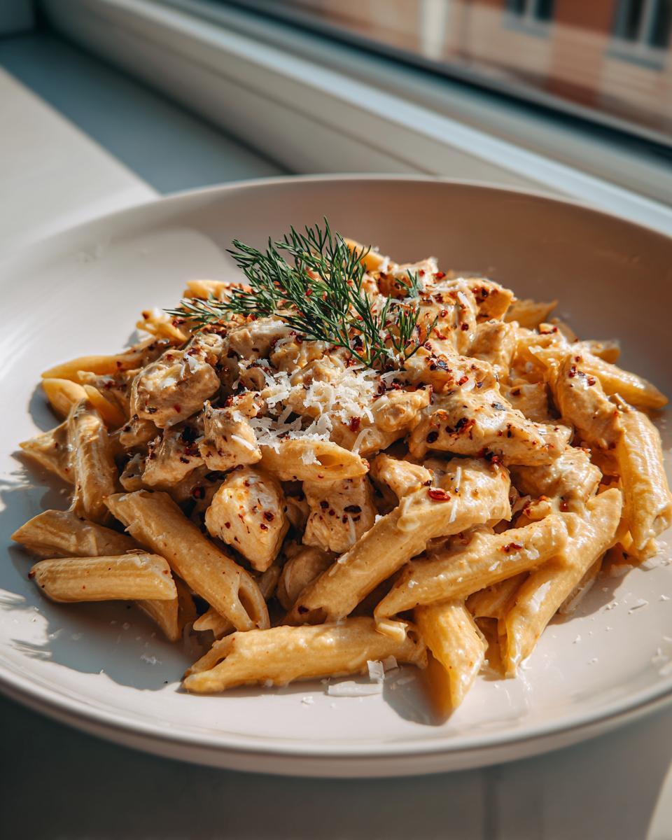 Plate of creamy chicken pasta with penne, garnished with herbs and grated cheese.