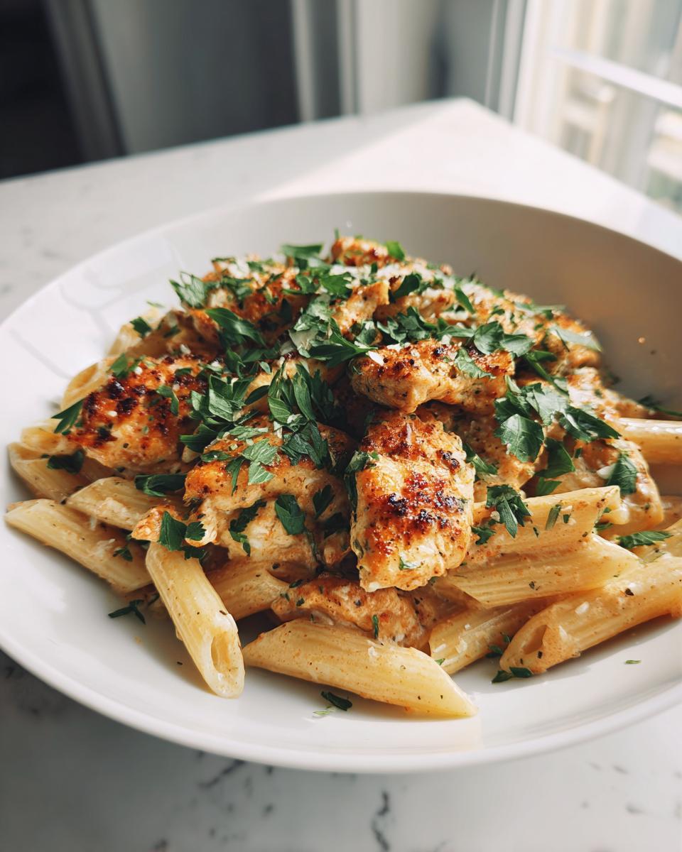 A close-up of creamy chicken pasta, featuring penne noodles coated in a rich sauce and topped with seasoned chicken pieces and fresh parsley.