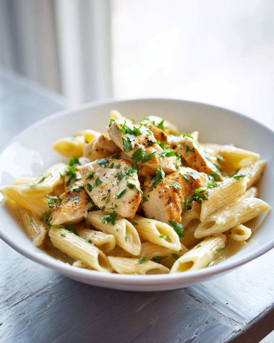 A bowl of creamy chicken pasta with penne noodles, topped with grilled chicken pieces and fresh parsley. A delicious chicken pasta recipe.