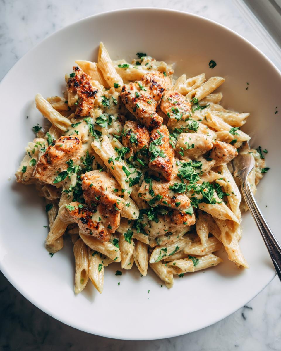 A bowl of creamy chicken pasta with penne noodles, topped with seasoned chicken pieces and fresh parsley.