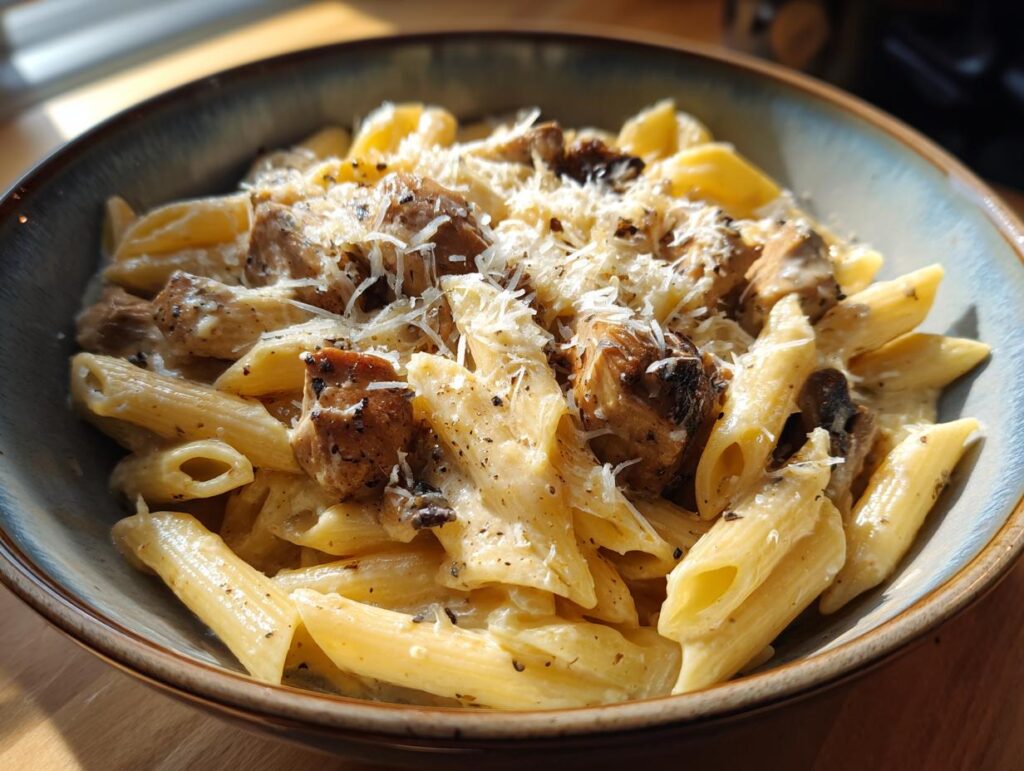 Close-up of creamy chicken pasta with penne noodles, seasoned chicken pieces, and grated cheese.