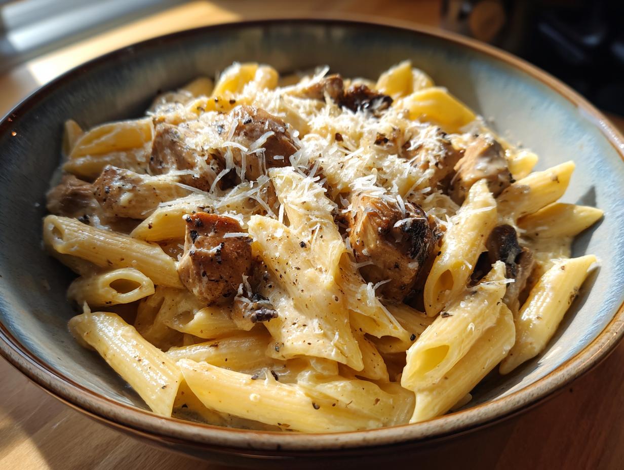 Close-up of creamy chicken pasta with penne noodles, seasoned chicken pieces, and grated cheese.
