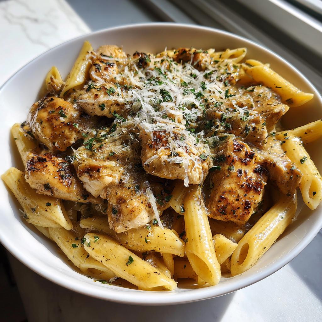 Close-up of creamy chicken pasta with penne, topped with shredded cheese and parsley.