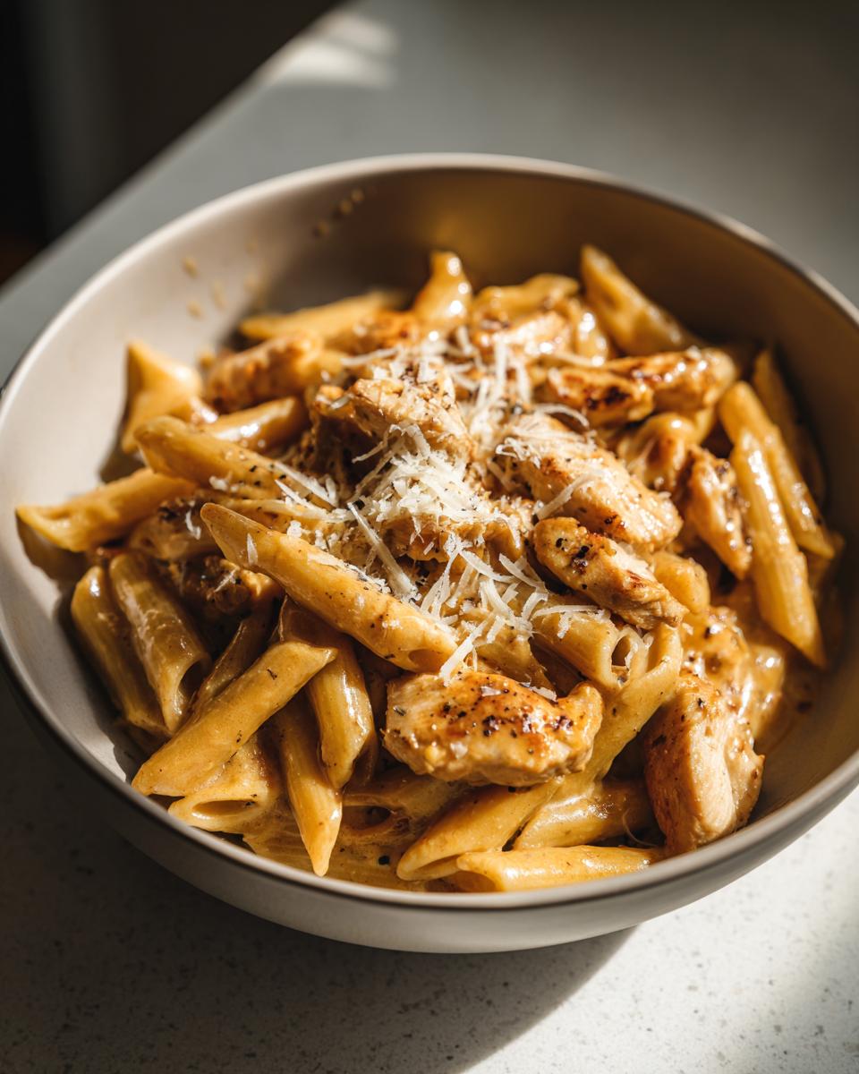 A bowl of creamy chicken pasta with penne noodles and shredded parmesan cheese.