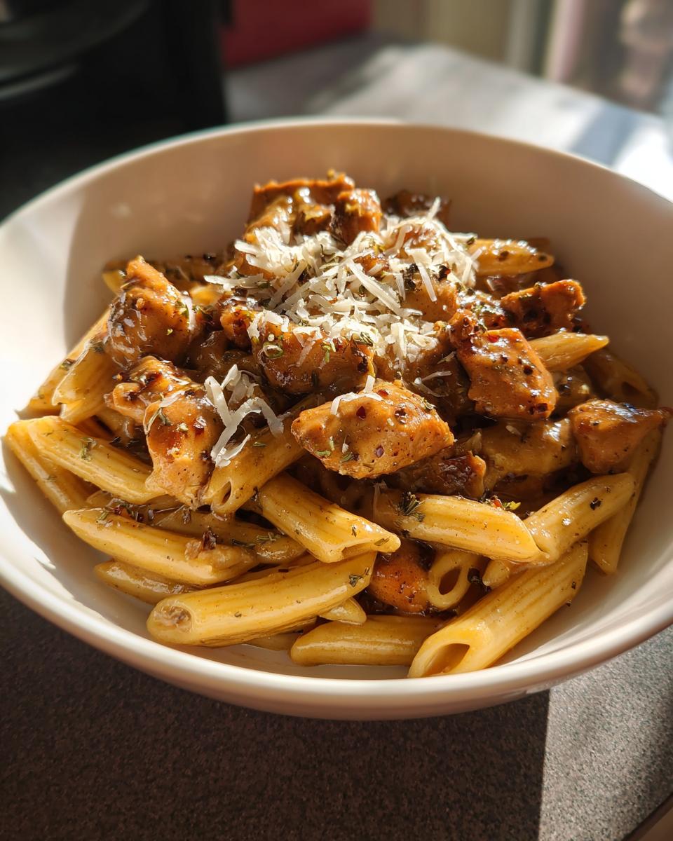 Close-up of creamy chicken pasta with penne, topped with grated cheese and herbs.