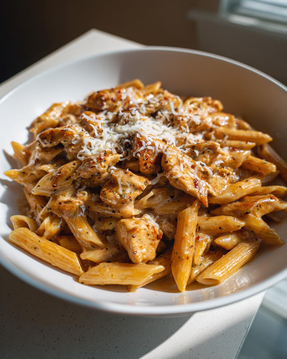 A close-up of creamy chicken pasta with penne noodles and shredded cheese, a perfect example of easy chicken pasta recipes.