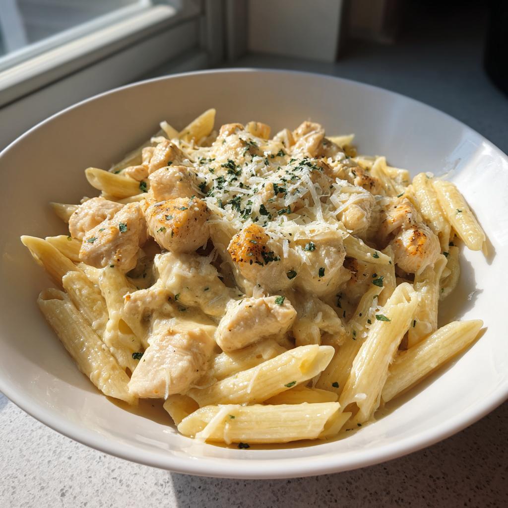 Creamy chicken pasta recipe with penne, grilled chicken, and sprinkled herbs and cheese.