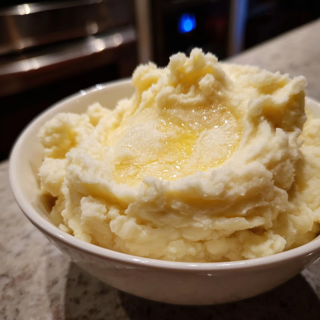 Close-up of creamy mashed potatoes with melted butter on top in a white bowl