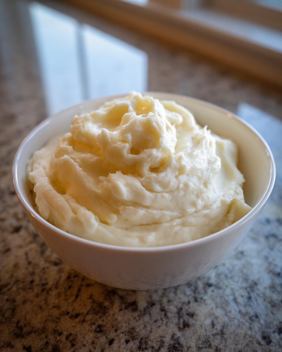 Close-up of creamy mashed potatoes in a white bowl on a granite countertop, showcasing smooth texture.