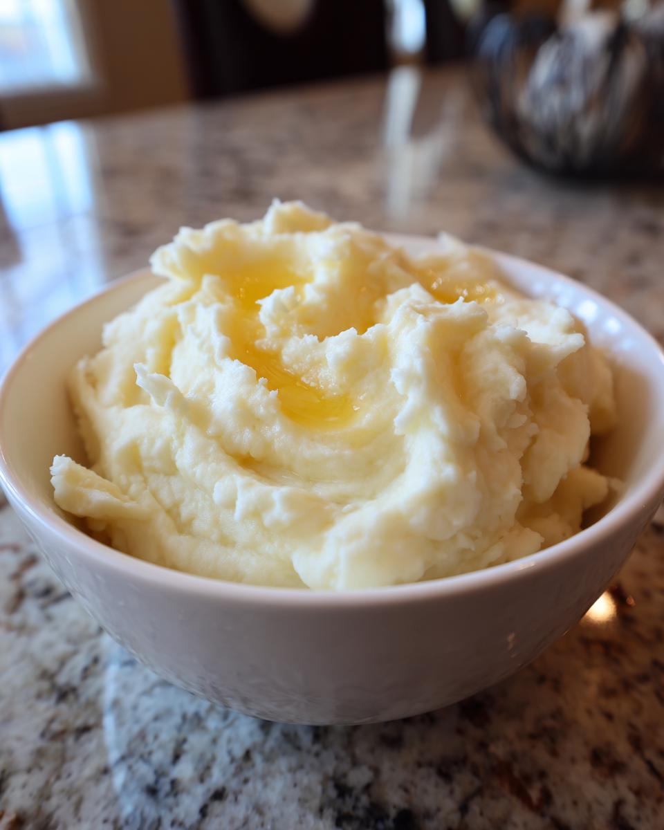 Close-up of creamy mashed potatoes with melted butter in a white bowl on a marble countertop