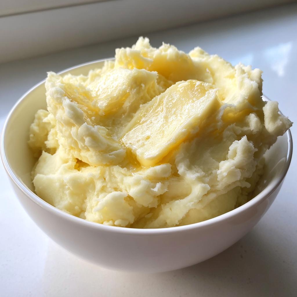 A white bowl filled with creamy mashed potatoes topped with melted butter.