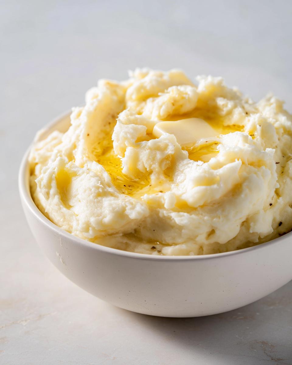 Bowl of creamy mashed potatoes with a pat of melted butter on top