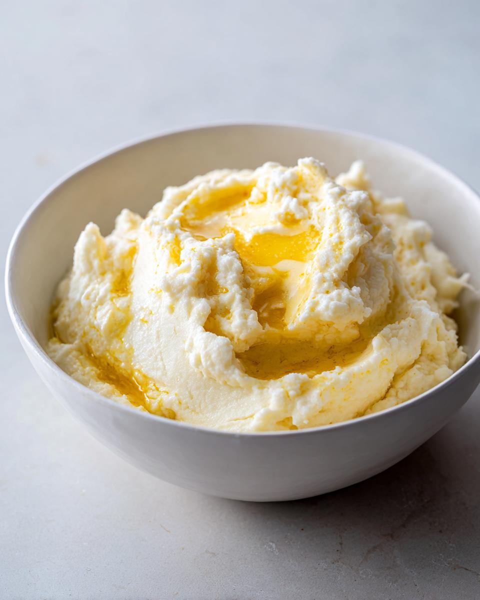 Bowl of creamy mashed potatoes recipes topped with melted butter on light surface.