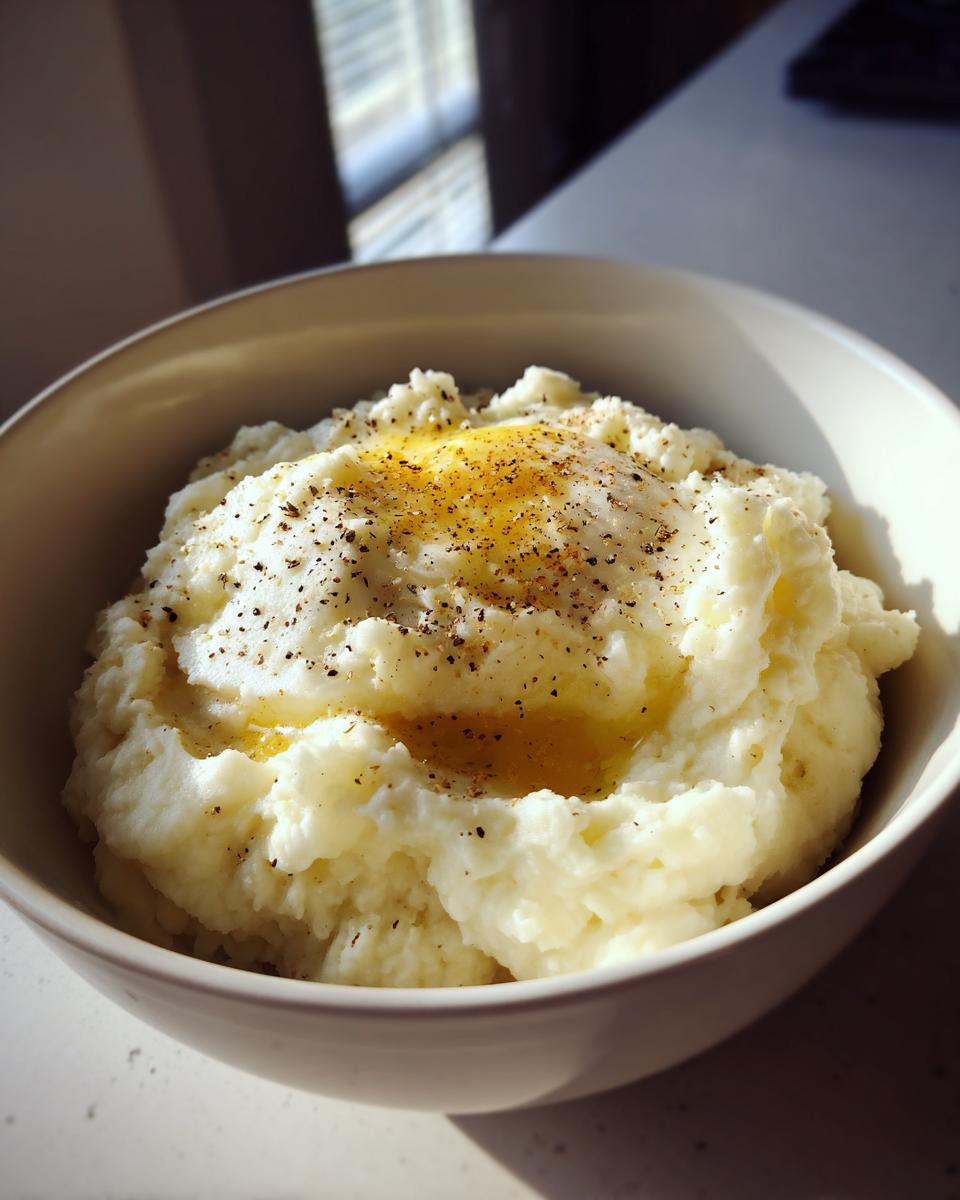 A close-up of a bowl of creamy mashed potatoes topped with melted butter and black pepper, part of mashed potatoes recipes.