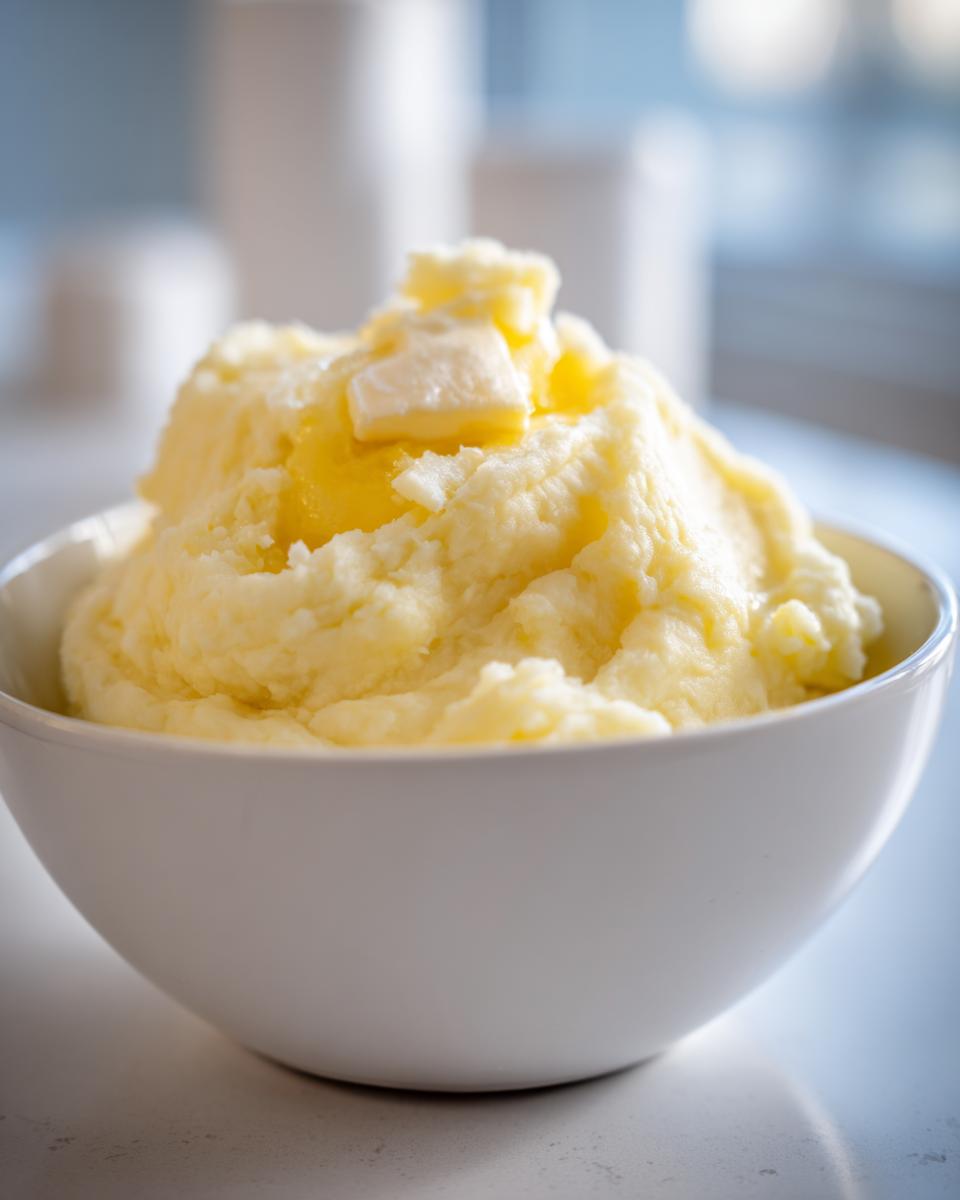 A close-up of a bowl of creamy mashed potatoes topped with melting butter, part of a mashed potatoes recipe.