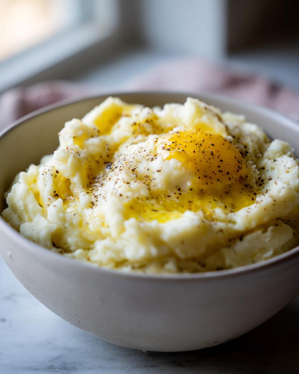 A close-up of a bowl of creamy mashed potatoes recipes topped with a perfectly cooked egg yolk and melted butter, seasoned with pepper.