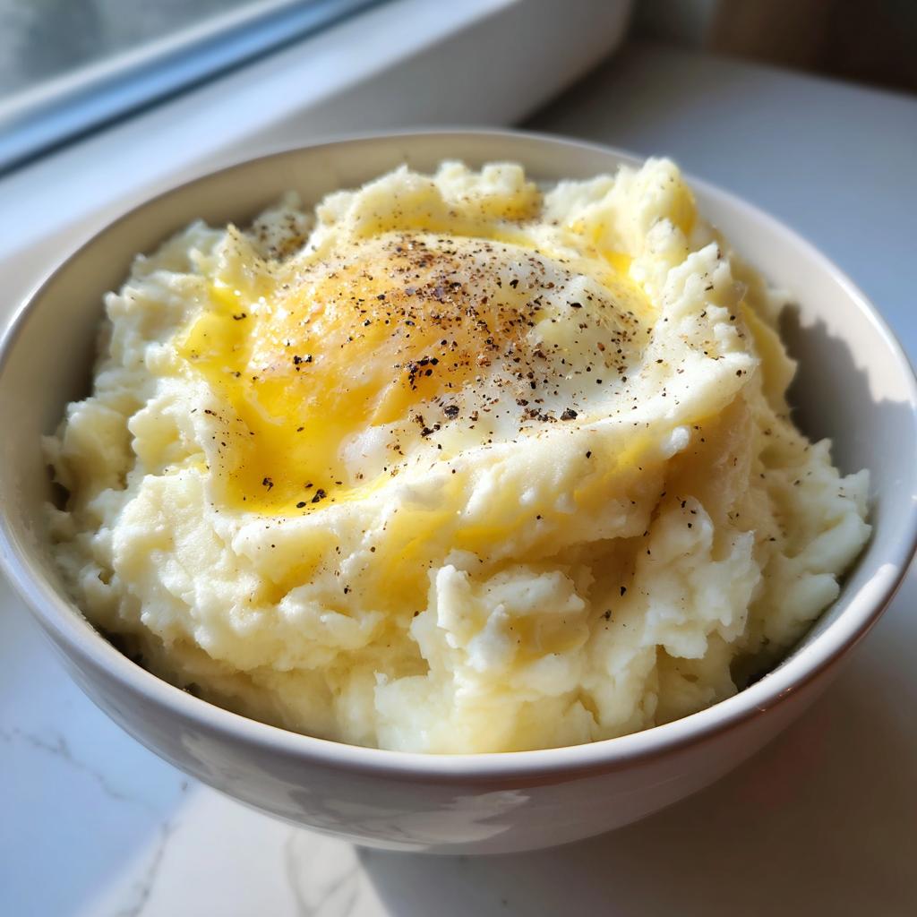 A bowl of creamy mashed potatoes recipes topped with a perfectly cooked egg and melted butter, seasoned with black pepper.