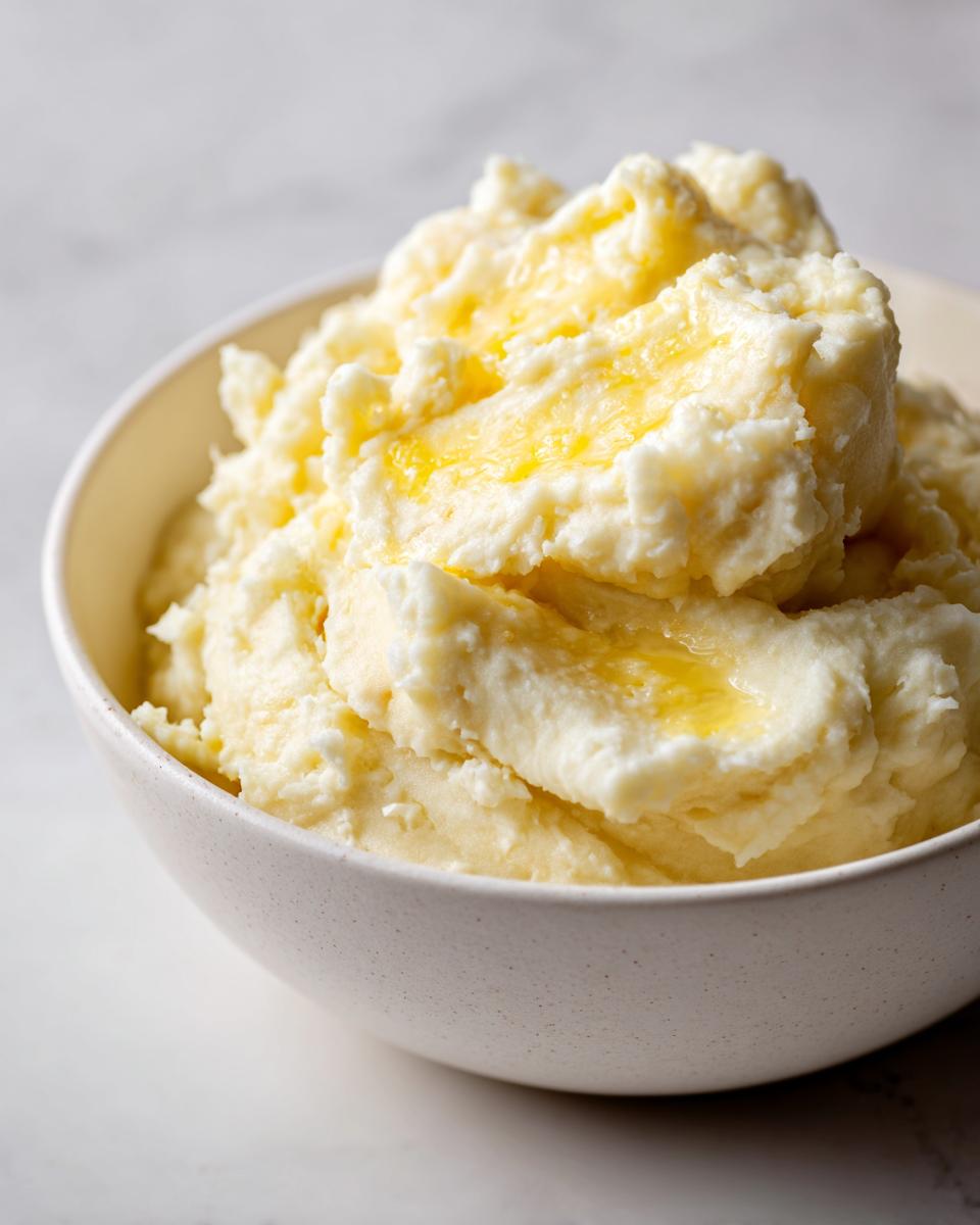 Bowl of creamy mashed potatoes recipes topped with melted butter