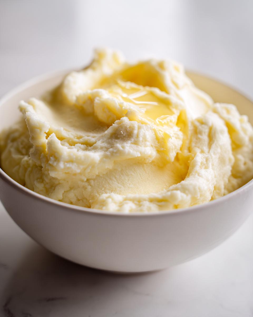 A close-up of creamy mashed potatoes in a white bowl, topped with melted butter.