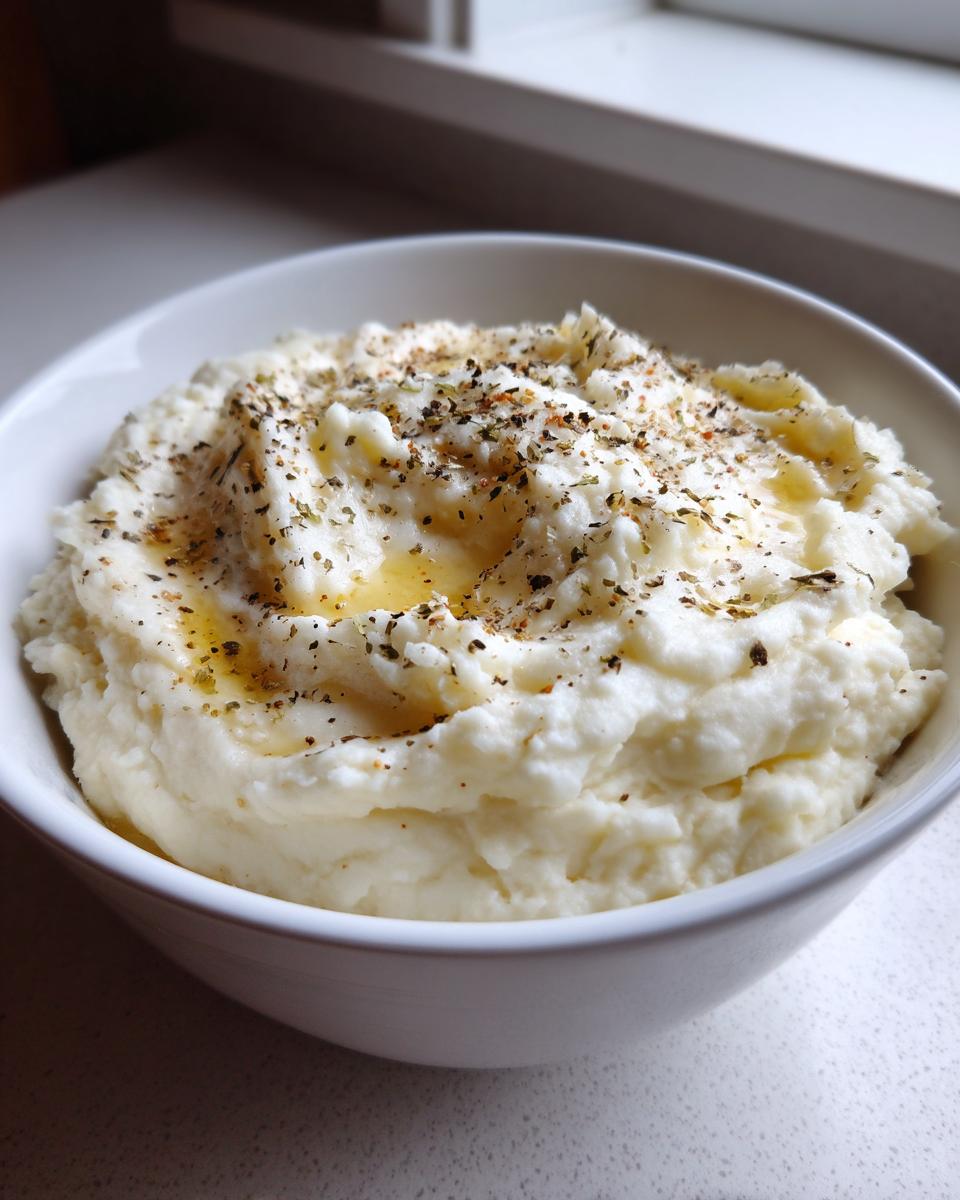 A close-up of a bowl of creamy mashed potatoes recipes, topped with melted butter and herbs.